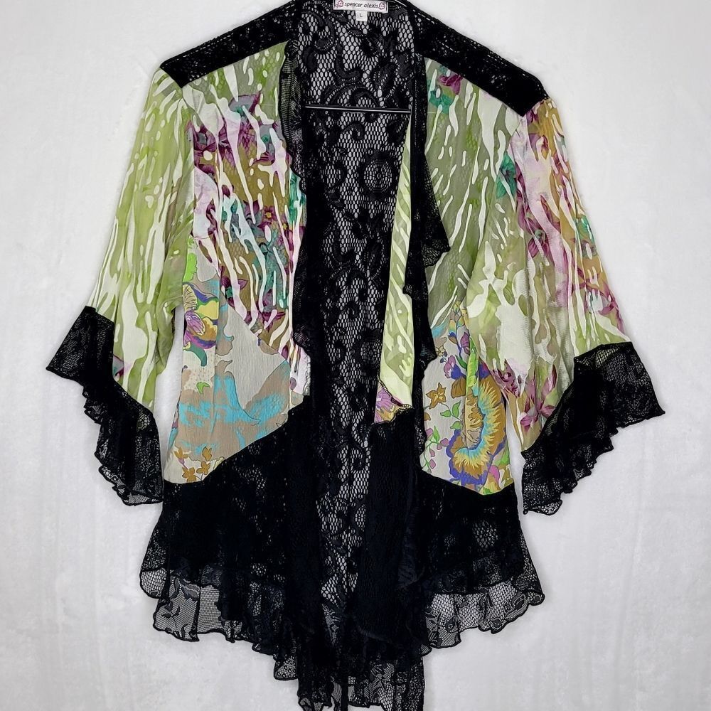 Vintage Spencer Alexis Silk Open Front Ruffle Sleeve Lace Cardigan Size Large